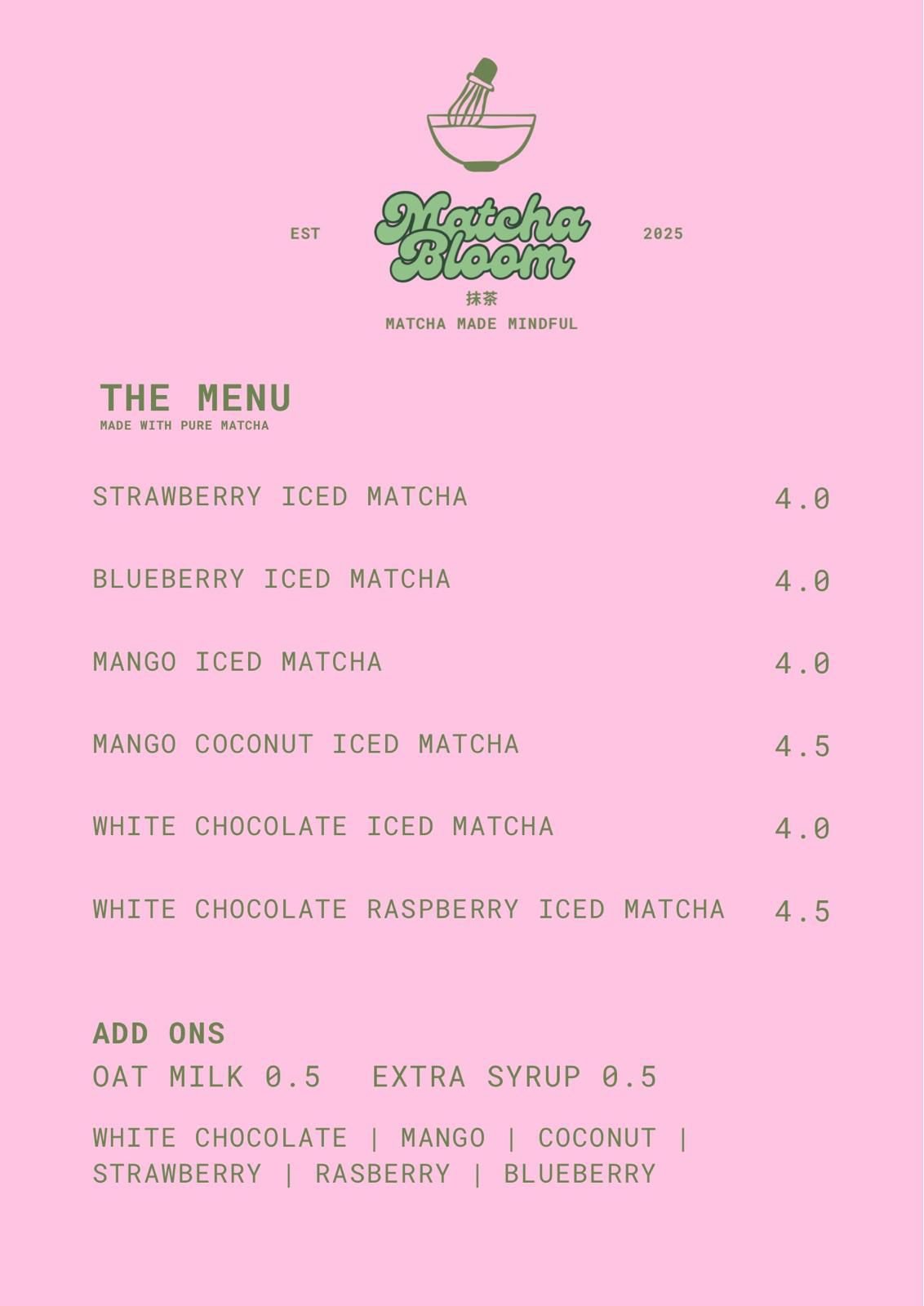 matcha bloom menu